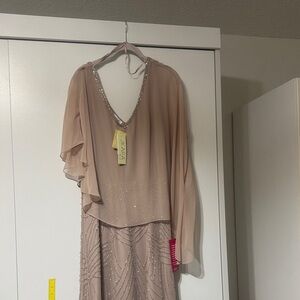 J Kara Beaded V-Neck One-Sleeve Chiffon Gown - Blush Nude